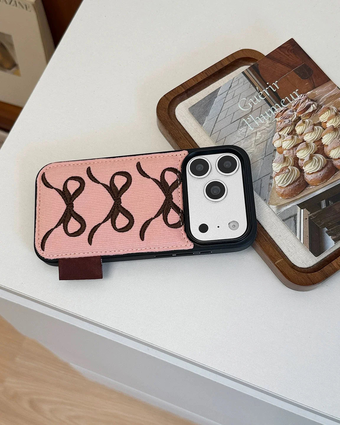 PINK TRIPLE BOW CORDUROY WALLET PHONE CASE