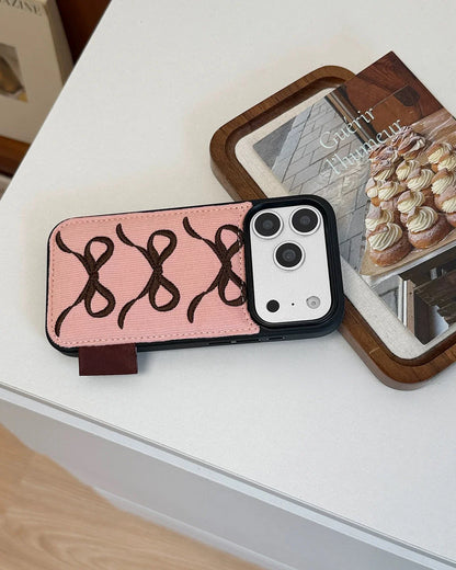 PINK TRIPLE BOW CORDUROY WALLET PHONE CASE