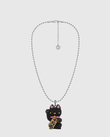 BLACK LUCKY CAT BEAD NECKLACE