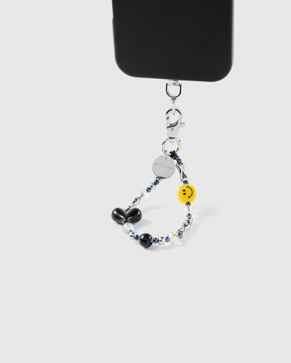 SMILEY BLACK HEART PHONE STRAP
