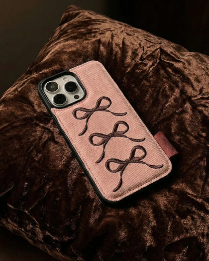PINK TRIPLE BOW CORDUROY WALLET PHONE CASE