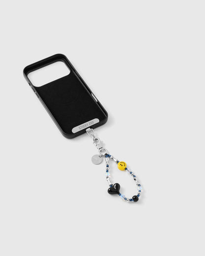 SMILEY BLACK HEART PHONE STRAP