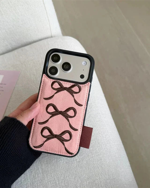 PINK TRIPLE BOW CORDUROY WALLET PHONE CASE